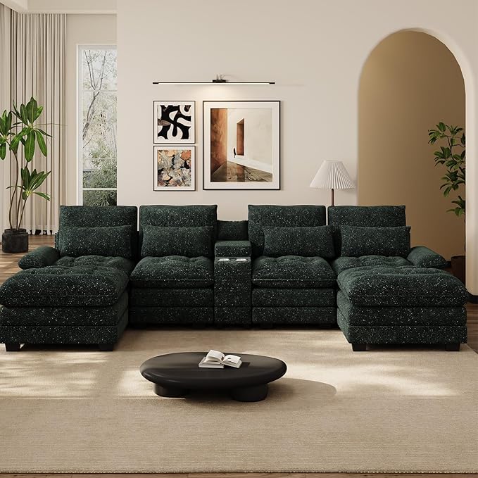 134 Oversized Green Sectional Couches for Living Room with Glitter Fabric Fluffy Couch with Chaise Lounge&ampTufted Buttons U Shaped Sofa Set Chenille 6 Seater Couch with 2 Ottoman &amp Storage