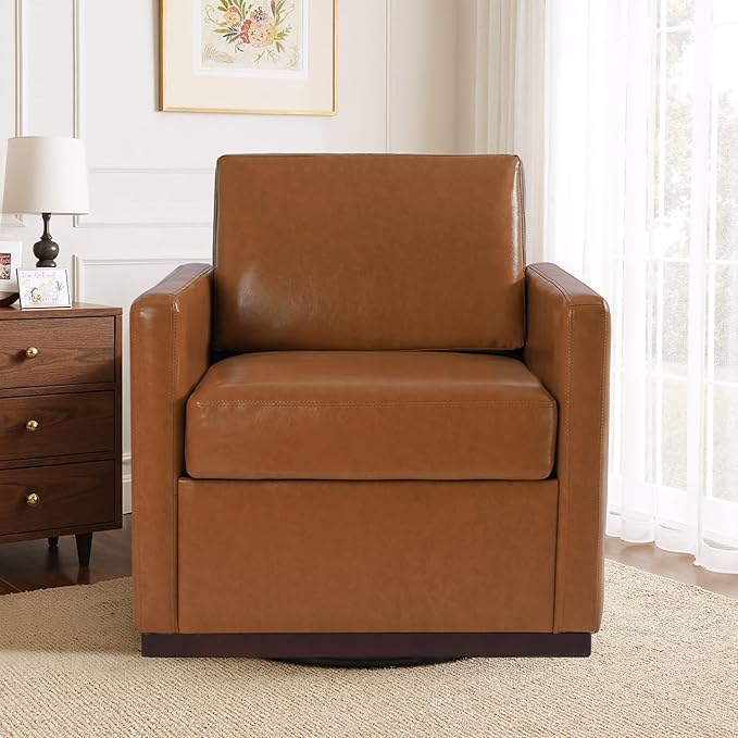 Faux Leather Swivel Accent Chairs Set of 2 360° Swivel Upholstered Club Armchairs for Living Room 31 Wide Square Single Sofa Reading Chair with Deep Seat Metal Swivel Base Light Brown