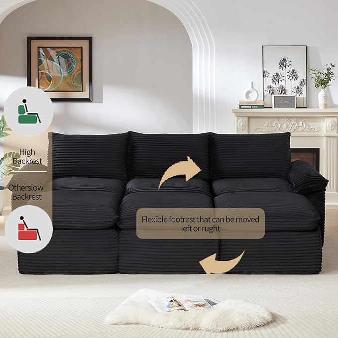 Modular 2-in-1 Sofa Bed &amp Ottoman Set - Corduroy Boneless Cloud-Like Living Room (Black Sofa Bed-3 Seaters+3 Ottomans)