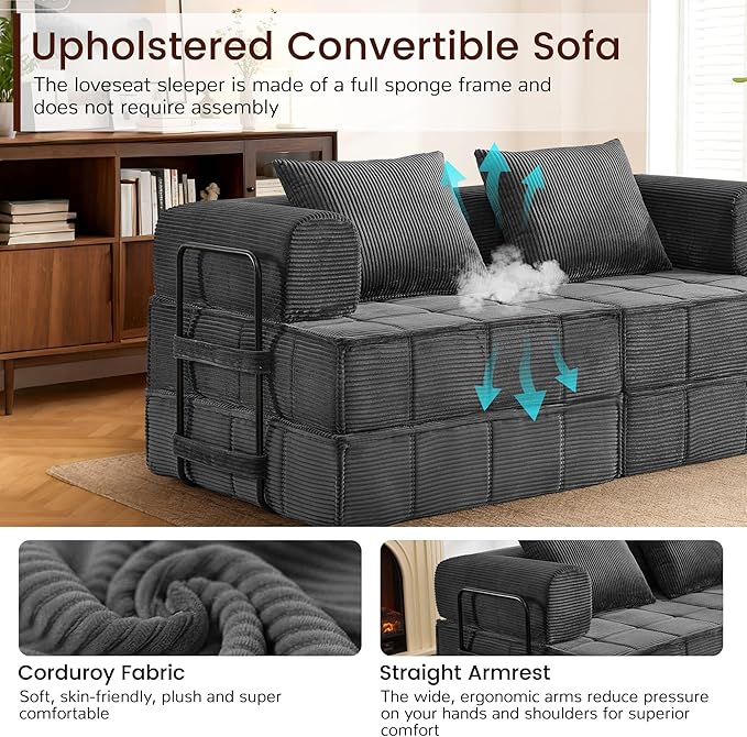 6-in-1 Convertible Sleeper Sofa Bed Corduroy Folding Mattress Couch with Fixed-Shape Frame Modular Foldable Boneless Couch Loveseat Couches with 2 Pillows for Living Room Bedroom Grey