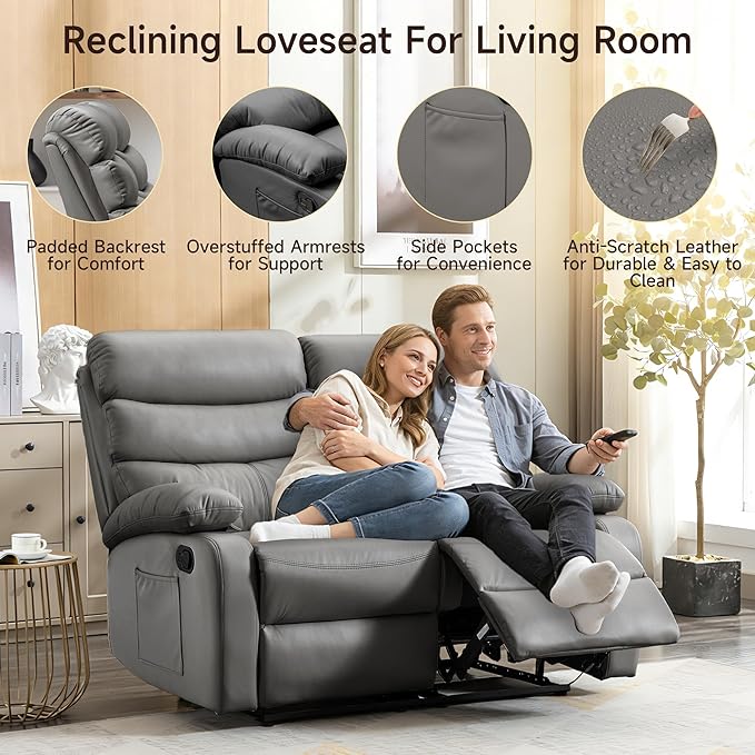 Reclining Loveseat Leather Double Recliner Sofa with Side Pocket Wall Hugger Loveseat Recliner for Living Room RV Home Theater(Grey)