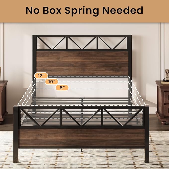 LIKIMIO Queen Bed Frame Tall Industrial Headboard 51.2  Platform Bed Frame with Strong Metal Support Solid and Stable Noise Free No Box Spring Needed Easy Assembly Walnut