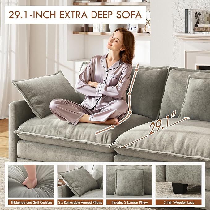 WorthFurni 111.4” Cloud Couch Modular Sectional Sofa Comfy Modern 3-Seater Couches with Pillows &amp Upholstered Deep Seat Cushion for Apartment Living Room Bedroom （Grey）