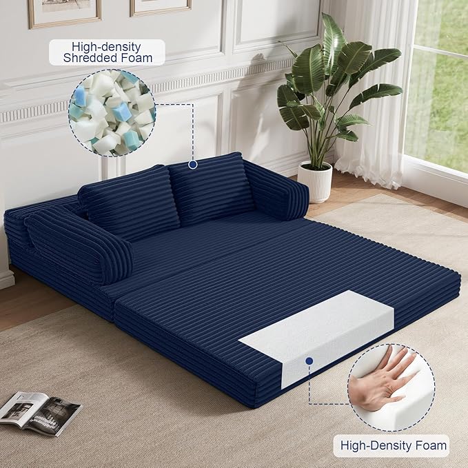 MeMoreCool Convertible Sofa Bed Folding Floor Couch Bed Queen Pull Out Sleeper Couch with Pillows Fold Out Futon Sofa for Bedroom Living Room Small Space Corduroy Beige