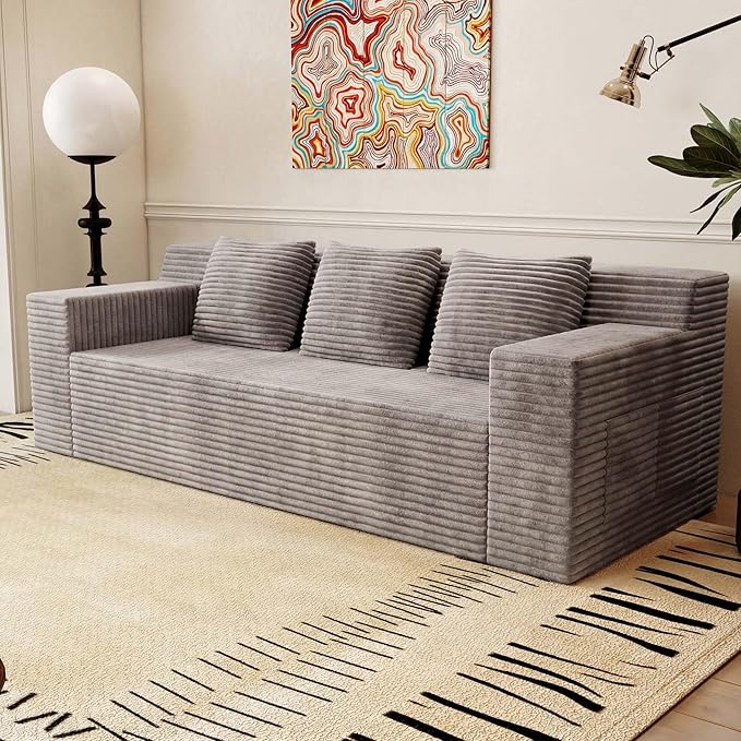 71 Small Boneless Couch Corduroy 3 Seater Couch for Living Room with 3 Pillows &amp Armrests Deep Seat Sofa for Small Spaces Apartment﻿ (Antique Camel) | Small Boneless Couch