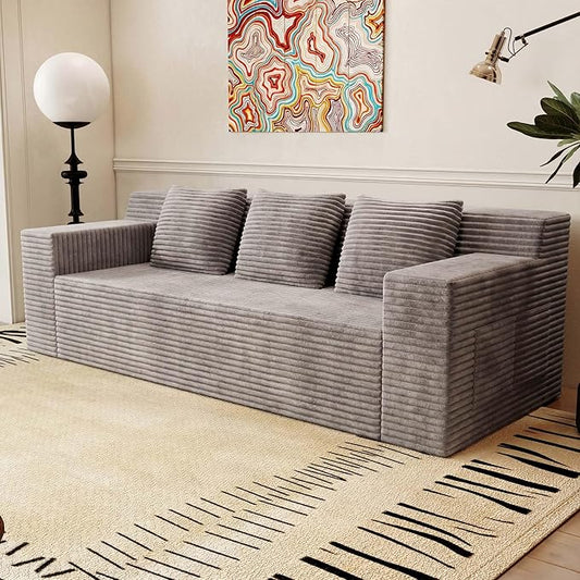 71 Small Boneless Couch Corduroy 3 Seater Couch for Living Room with 3 Pillows &amp Armrests Deep Seat Sofa for Small Spaces Apartment﻿ (Antique Camel) | Small Boneless Couch
