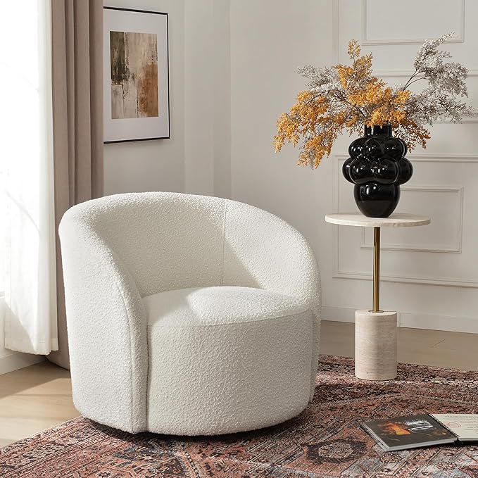 KINWELL 34 W Mid Century Modern Swivel Barrel Chair Round Upholstered Boucle Swivel Accent Chairs No Assembly Sofa Chair for Living Room Bedroom Reading Apartment Lounge Nursery(Cream)
