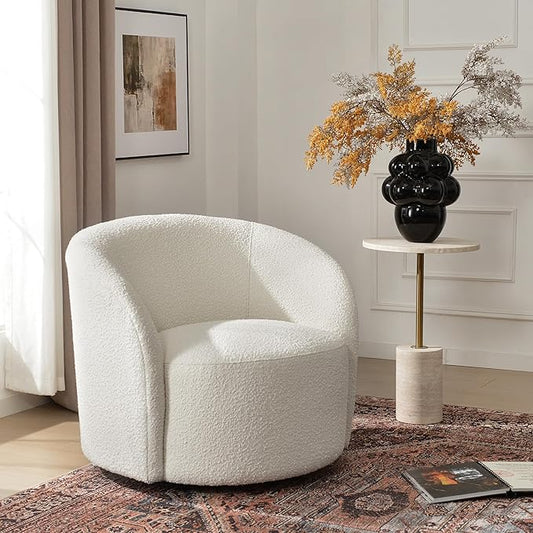 KINWELL 34 W Mid Century Modern Swivel Barrel Chair Round Upholstered Boucle Swivel Accent Chairs No Assembly Sofa Chair for Living Room Bedroom Reading Apartment Lounge Nursery(Cream)