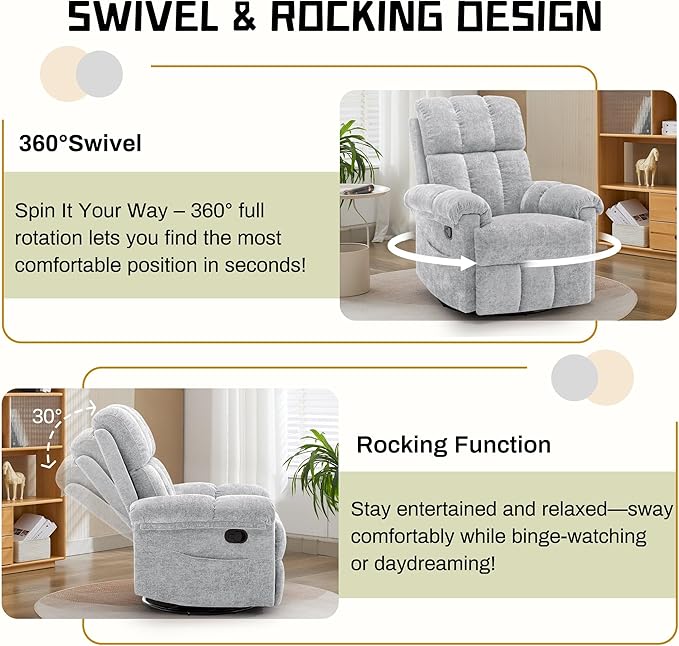 Recliner Chair Swivel Rocker Recliner Chair for Adults Small Recliners for Small Spaces Manual Recliner Chair with Side Pockets Nursery Rocking Chair for Living Room Chenille Silver Grey