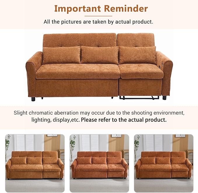 Polibi 2-in-1 Convertible Sofa Bed &amp Recliner - 3-Position Adjustable Backrest (105°-180°) Reversible Design Dual USB Ports 82 Wide Orange