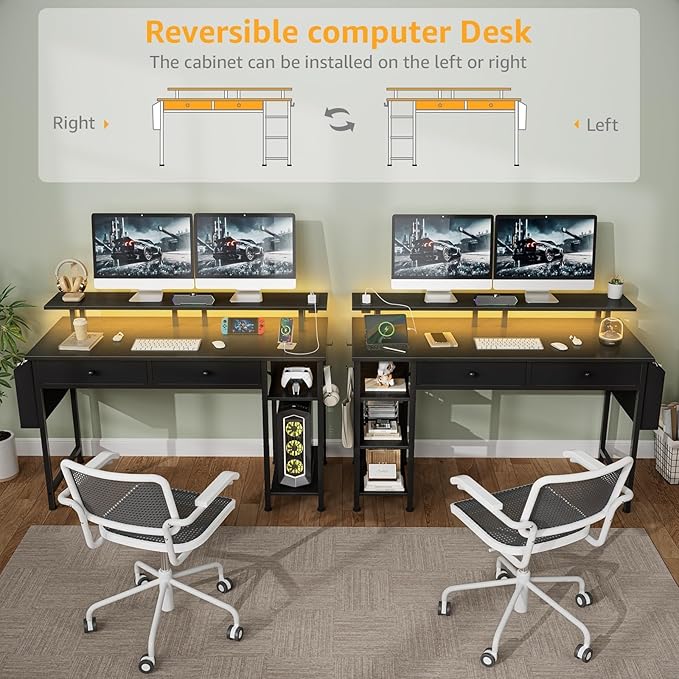 DLisiting Black Gaming Desk with Shelves and Drawers - 39 Inch Small Gaming Desk with Storage Shelves for Boys Teens Bedroom Black Computer Desks with Drawers Monitor Stand Power Outlet