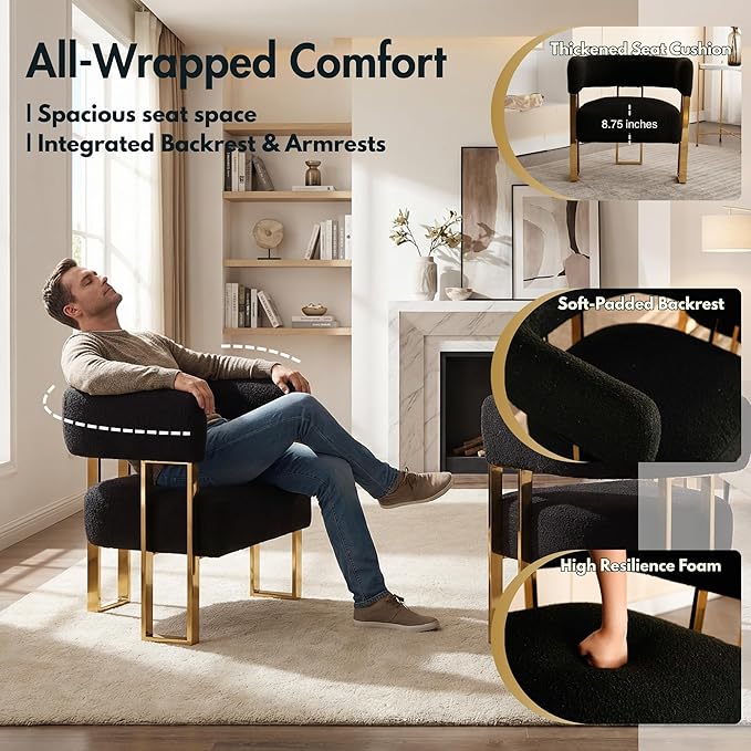Barrel Accent Chairs Set of 2 Comfy Sherpa Upholstered Armchairs for Living Room with Semi-Open Back Reading Accent Chairs with Gold Metal Legs for Bedroom Vanity Reception Black