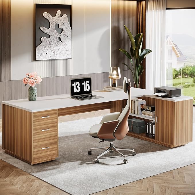 Tribesigns 85.8-Inch L-Shaped Executive Office Desk with File Drawers &amp Storage Cabinet Professional Corner Computer Desk Extra Large Business Workstation with Adjustable Shelves (White&ampWalnu