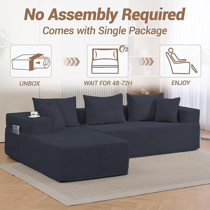 105'' Cloud Sectional Couch Modular L-Shaped Boneless Sectional Sofa Corduroy Deep Seat Couch Small Space Sofas for Living Room Bedroom Apartment No Assembly Black | Breathable material