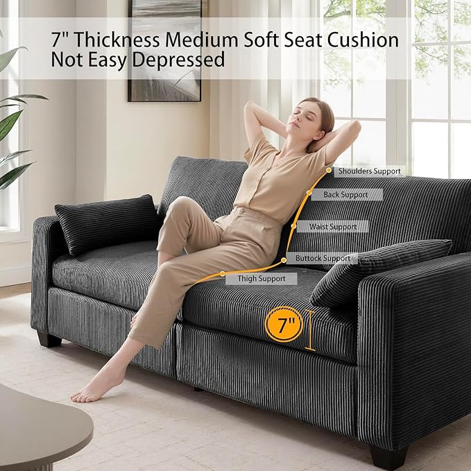Modern Loveseat Sofa for Living Room Removable Cover Spring Cushions Solid Wood Frame Wide Armrest Corduroy Fabric Recliner Couches for Small Space (Black Corduroy 81 inch)