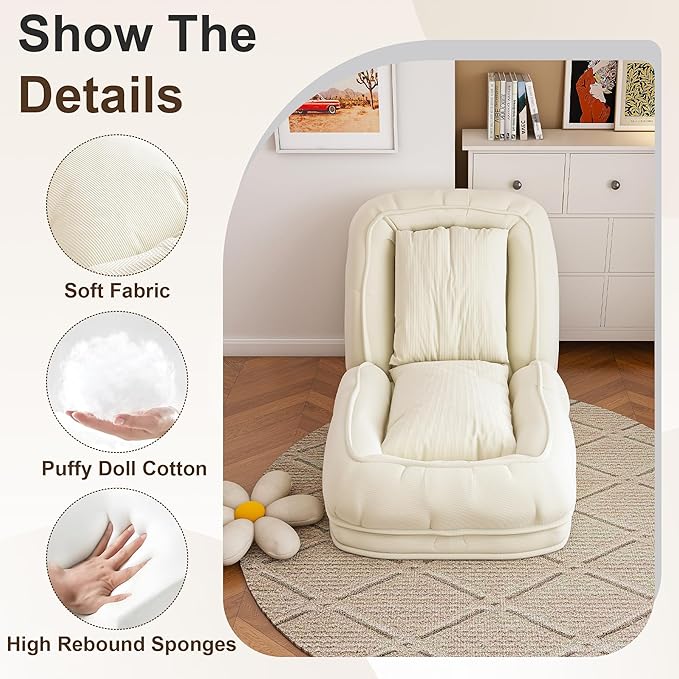 Montary Multifunctional Foldable Lazy Sofa Bed - 5-Position Ergonomic Design with 2 Soft Pillows Shared Lounger for Adults &amp Pets for Living Room Bedroom and Reading Nook (White)