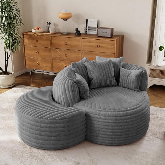 50 Oversized Chaise Lounge Indoor Round Reading Chair Lounge Chair with Ottoman Boneless Sofa Bed Large Fluffy Plush Corduroy Chaise Chair for Living Room Playroom Bedroom Grey