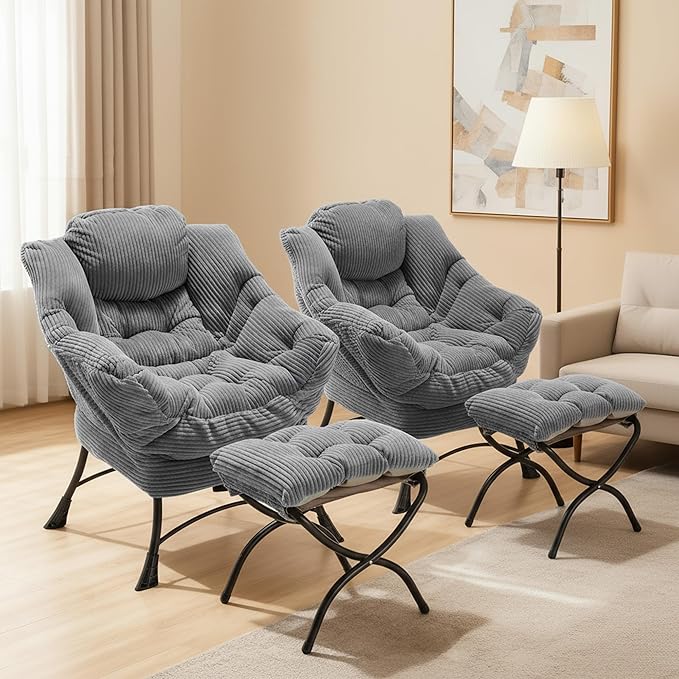 Corduroy Lazy Chair Set of 2 with Ottoman Ergonomic Comfy Reading Chair for Living Room Bedroom &amp Office in Small Spaces