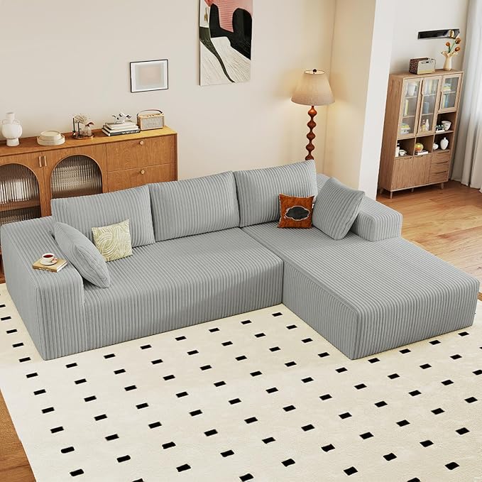 96 Cloud Sectional Couch with L-Shaped Chaise Modern Corduroy Sectionals Couches with Deep Seat Boneless Sofa 3 Seater for Living Room No Assembly Required (Light Grey Right Facing Chaise)