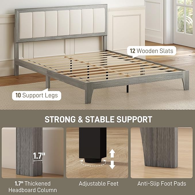 HOMCOM Queen Size Bed Frame with Upholstered Headboard Platform Bed Frame with Wooden Slats No Box Spring Needed Easy Assembly Gray