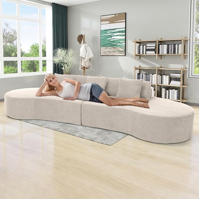 129.9 Oversized Sectional Sofa for Living Room Modern Curved Couch Compressed Modular Cloud Sofa Boneless 4 Seater Couch Large Sectional for Office Apartment- Beige