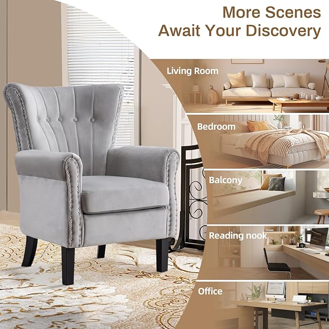 Velvet Accent Chair Single Modern Armchair with Riveted Decorative Mid-Century High Wingback Reading Chair Sturdy Sofa Living Room ChairsGrey
