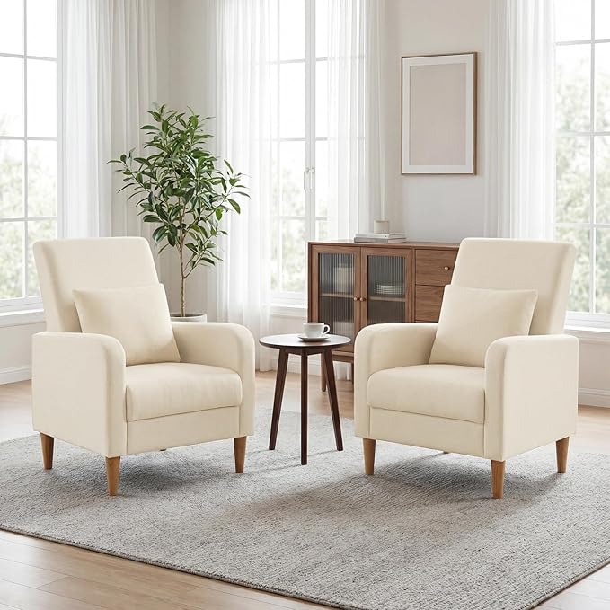 COLAMY Mid-Century Modern Upholstered Accent Chair with Back Pillow &amp Solid Wood Legs Fabric Cozy Armchair for Living Room Bedroom Reading Nook Apartment &amp Small Spaces Beige