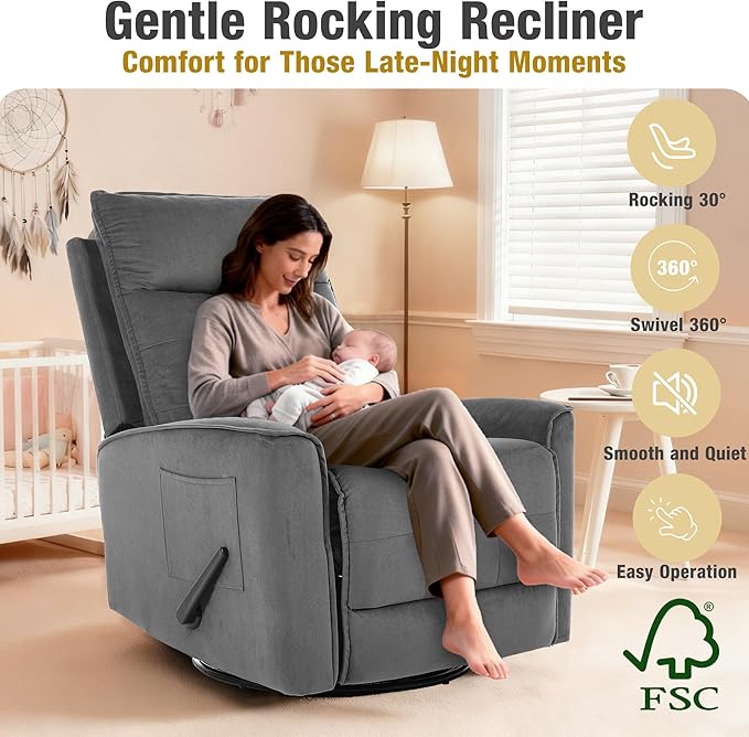 Swivel Rocker Recliner Chair Rocking Chair Small Swivel Recliner for Small Spaces Living Room RV(Dark Grey)