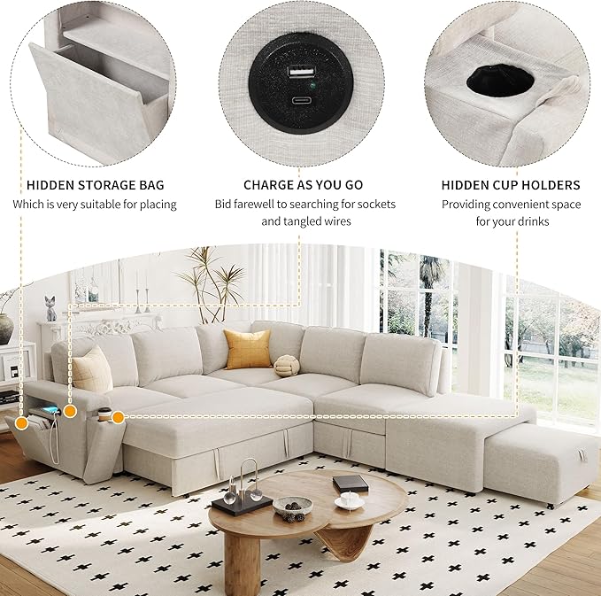 Convertible Sleeper Sectional Sofa with Pull-Out Bed and Storage Space &amp Ottoman Armrest w/USB Ports &amp Cup Holders Corner 6 Person L-Shape Modular Couch for Living Room Apartment (Beige)