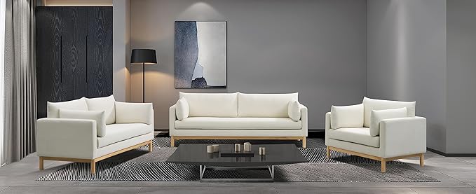 Meridian Furniture 157Cream-L Langham Collection Mid-Century Modern Linen Textured Fabric Upholstered Loveseat Cream Linen Textured Fabric Natural Finish Wood Base 66 W x 33.5 D x 33 H Cream