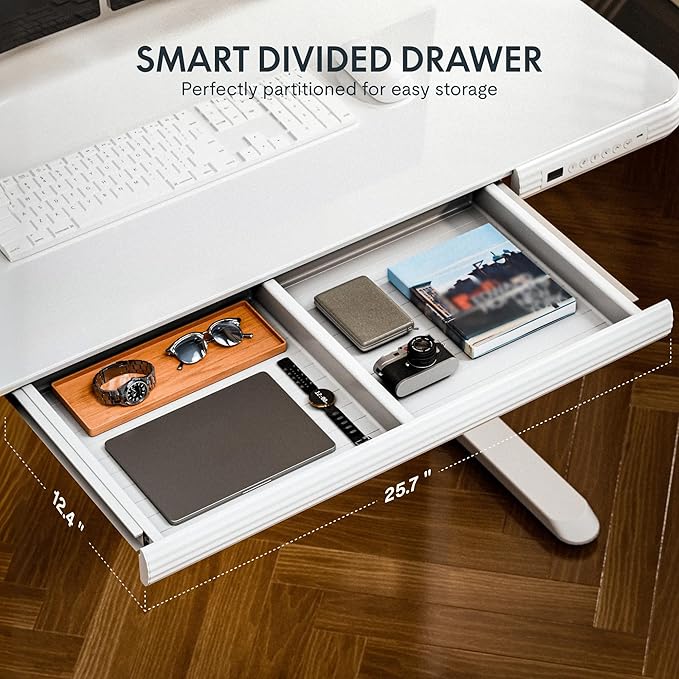 FLEXISPOT Comhar Electric Pure Glass Standing Desk with Drawer Desktop &amp USB Charge Ports 48 Ergonomic Height Adjustable Sit to Stand Desk for Home Office (White Glass)