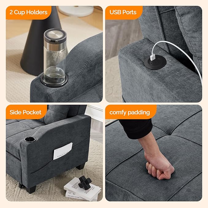 VINGLI Dark Grey 3-in-1 Convertible Futon Sofa Bed Pull Out Couch Bed Adjustable Recliner Chair with USB Ports Cup Holders Side Pockets for Living Room Bedroom Small Spaces