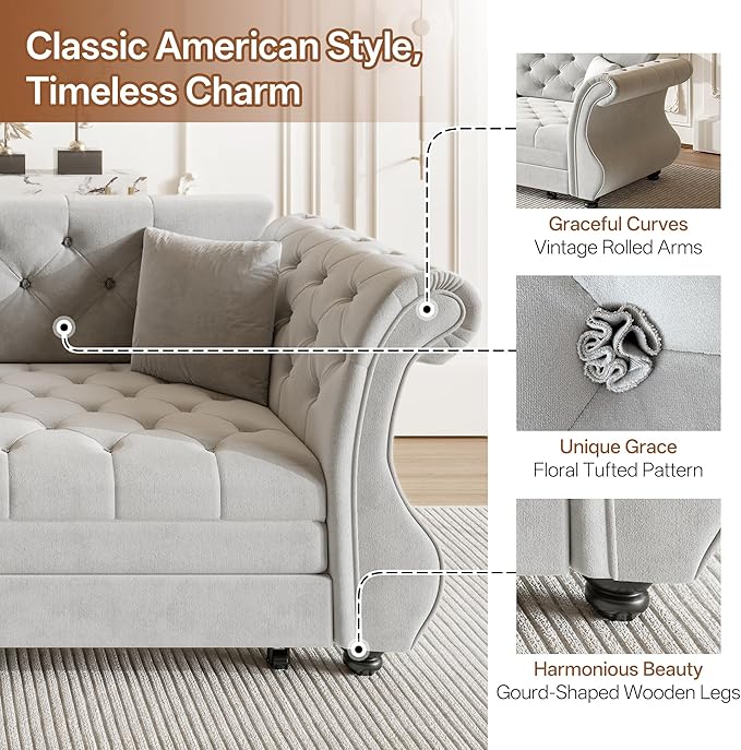 83.8'' Sleeper Sofa Bed Queen Convertible Pull Out Couch Chesterfield Futon Sofa Bed with Flower-Tuffed Back Velvet Daybed 2 Pillows Loveseat Couches for Living Room Bedroom Light Gray