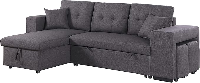 95 Reversible Sectional Sofa with Pull Out Sleeper Loveseat and Storaged ChaiseLinen Upholstered Couch W/ 2 Small Ottoman &amp Armrestfor DormApartmentStudioOfficeDark Gray