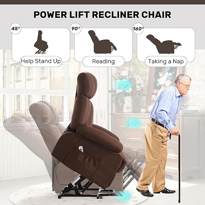 Power Lift Recliner Chair for Elderly Big and Tall Lift Chair with Massage and Heat for Living Room Fabric Electric Recliner Chairs with 4 Side Pockets USB Charge PortBrown