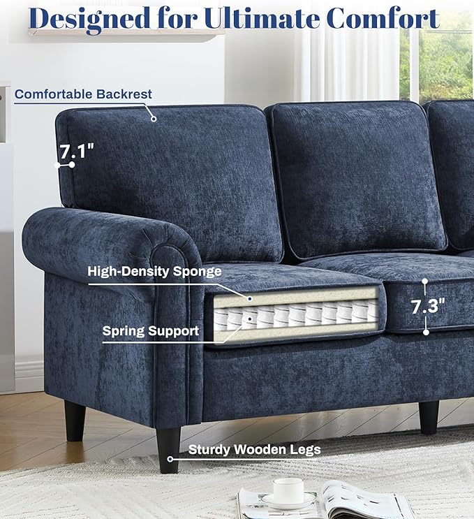 Kingfun 3 Seater Couch Mid Century Modern Sofa Set with Rolled Arms and Deep Seats Fluffy Comfort for Living Room Apartment Easy Assembly Blue