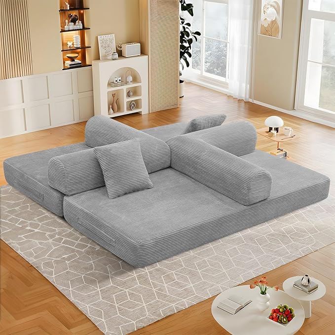 78 Convertible Sleeper Sofa Bed with Cylindrical Pillow Corduroy Folding Mattress Couch with Fixed Frame Floor Sofa Lounge Couch for Living Room Bedroom Apartment Light Grey