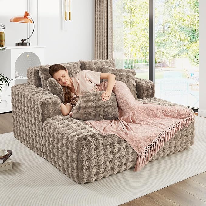 56 W Oversized Chaise Lounge Chair IndoorPlush Faux Fur Sleeper Couch Sofa Bed with PillowsFluffy Comfy Cloud SofaCompression Foam Boneless Couch for Living RoomBedroom(Bubble Brown)