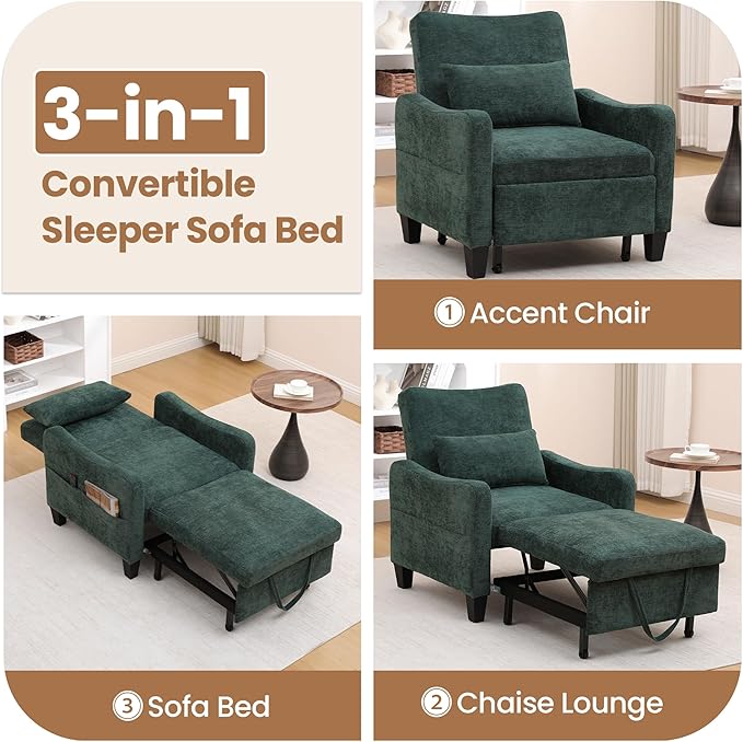 3 in 1 Convertible Sofa Bed Chair Pull Out Single Sleeper Chair Bed with Adjustable Backrest Modern Lounge Sofa for Small SpaceDark Green