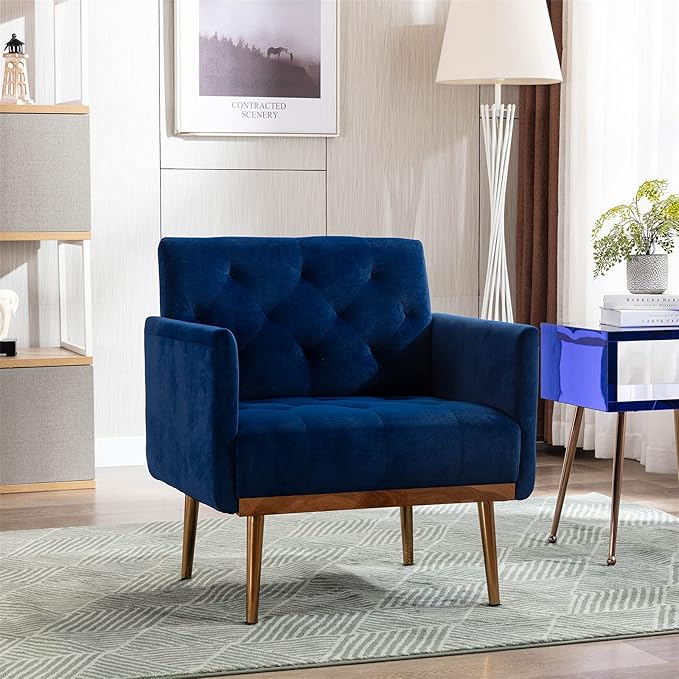 Modern Velvet Accent Chair Living Room Bedroom Leisure Single Sofa Chair (with Gold Metal feet) TV armrest seat Suitable for Small Space Home Office Coffee Chair (Blue)