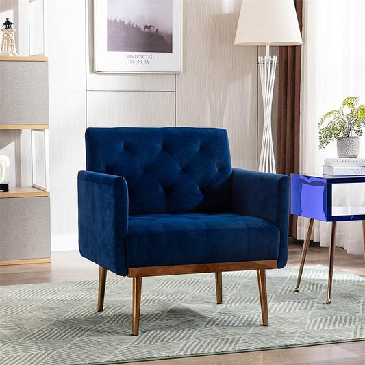 Modern Velvet Accent Chair Living Room Bedroom Leisure Single Sofa Chair (with Gold Metal feet) TV armrest seat Suitable for Small Space Home Office Coffee Chair (Blue)