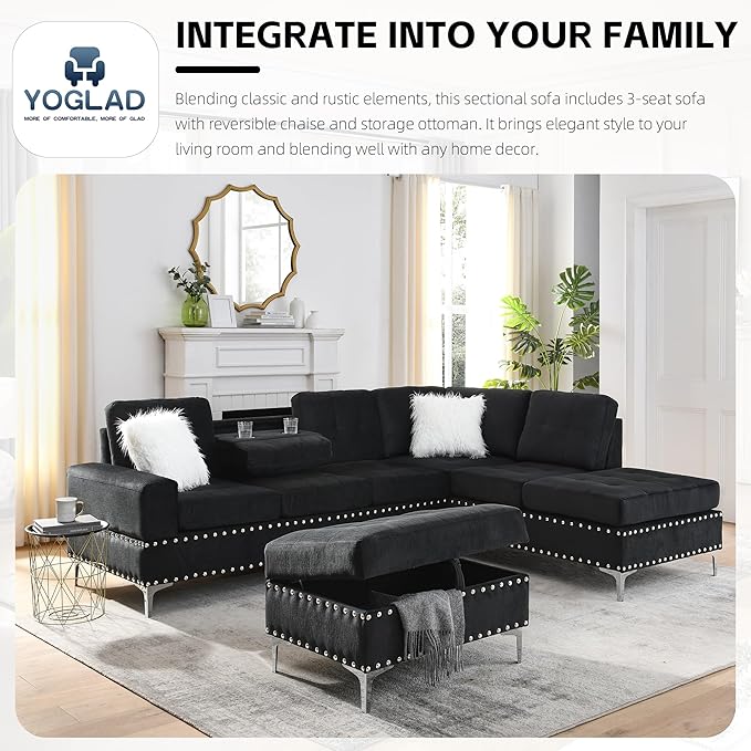 Yoglad 108'' Sectional Couches for Living Room Modular 5-Seater Couch Sofa with Reversible Chaise &amp Cup Holders L-Shaped Corner Sofa with Storage Ottoman for Apartment Office (Velvet Black)