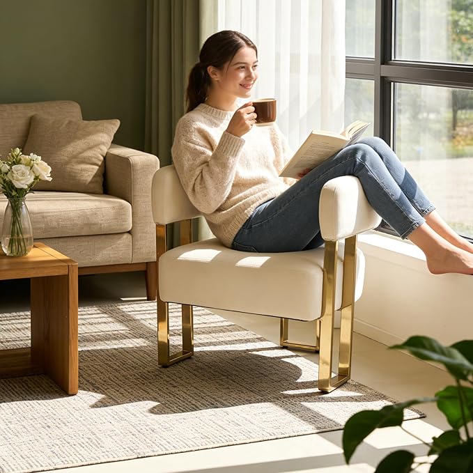 Barrel Accent Chair with Metal Frame Legs Modern Velvet Living Room Chairs Mid Century Upholstered Single Lounge Sofa Armchair for Living Room/Bedroom/Reading Room Beige