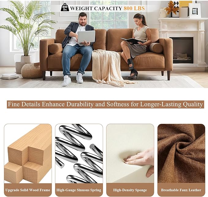 HIFIT 79 Sofa Couches for Living Room Mid-Century Modern Decor Faux Leather Couch with Deep Seat&ampCloud Cushions&amp2 Pillow 3 Seater Home Sofa Living Room Brown Loveseat for Office Bedroom Ap