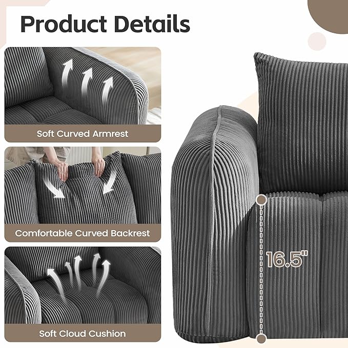 Comfy Loveseat Sofa with 2 Arm Chair Set of 3 Corduroy Sofa for Living Room Boneless Lounge Floor Cloud Couch for Small Spaces for Bedroom Office Apartment Grey