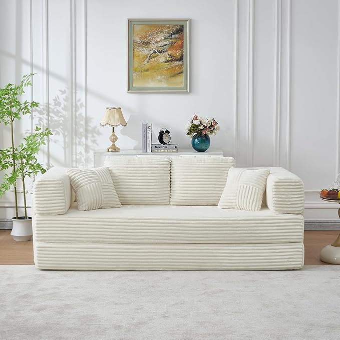 Upgraded King Size Foldable Sleeper Sofa Bed Folding No-Assembly Floor Couch Futon with 4 Pillows Wide Armrests &amp Storage Pockets Corduroy Convertible Sofa for Living Room Apartments Beige
