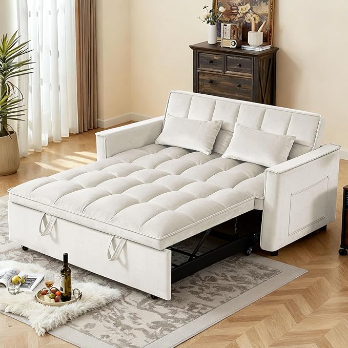 Convertible Sofa Bed Pull Out Couch with Side Pockets 3 in 1 Velvet Fabric Loveseat Sleeper Sofa Bed Pull Out Couch with Adjustable Backrest for Living Room Bedroom Apartment White