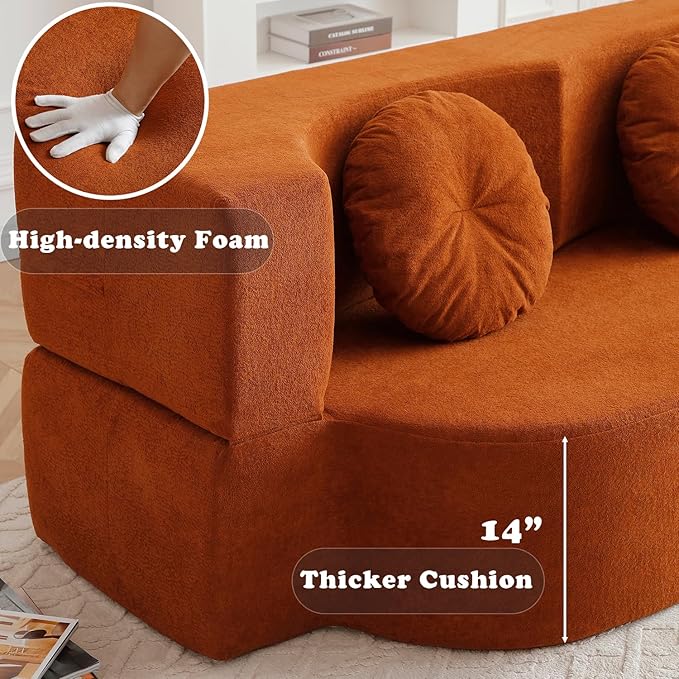 76 Convertible Folding Futon Sofa Bed Queen Sleeper Sofa with Pillow Teddy Fabric Floor &amp Futon Loveseat Couch Foam Folding Mattress Sleeper for Living Room Guest Use OfficeApartment(Orange