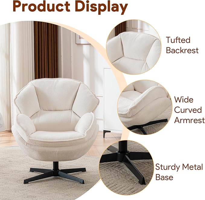 Swivel Accent Chair Set of 2 Modern Recliner Lounge Chair with Metal Base Frame Comfy Tufted Armchair for Living Room Bedroom Home Office Beige