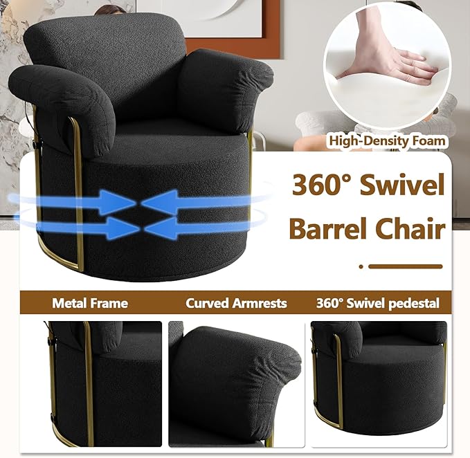 Swivel Accent Chairs for Living Room 360 Swivel Barrel Chair &amp Round Accent Chair with Armrests and Back for Office and Living Room (Black)